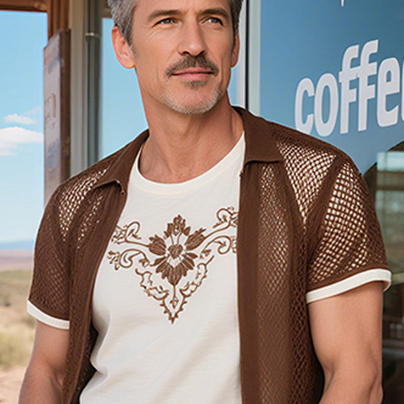 Men's Summer New Casual American Western Style Mesh Fabric Splicing Cotton Blended Fake Two-piece Embroidery Slim Short-sleeved Shirt MTA1771F8K