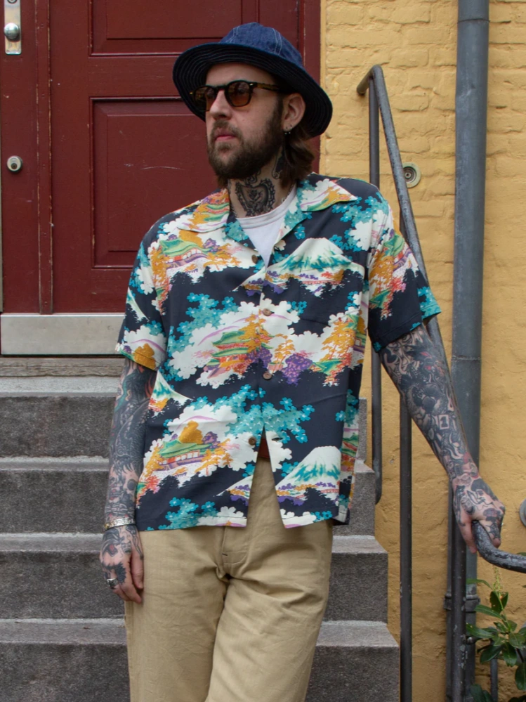 Vintage Japanese Landscape Print Camp Collar Shirt