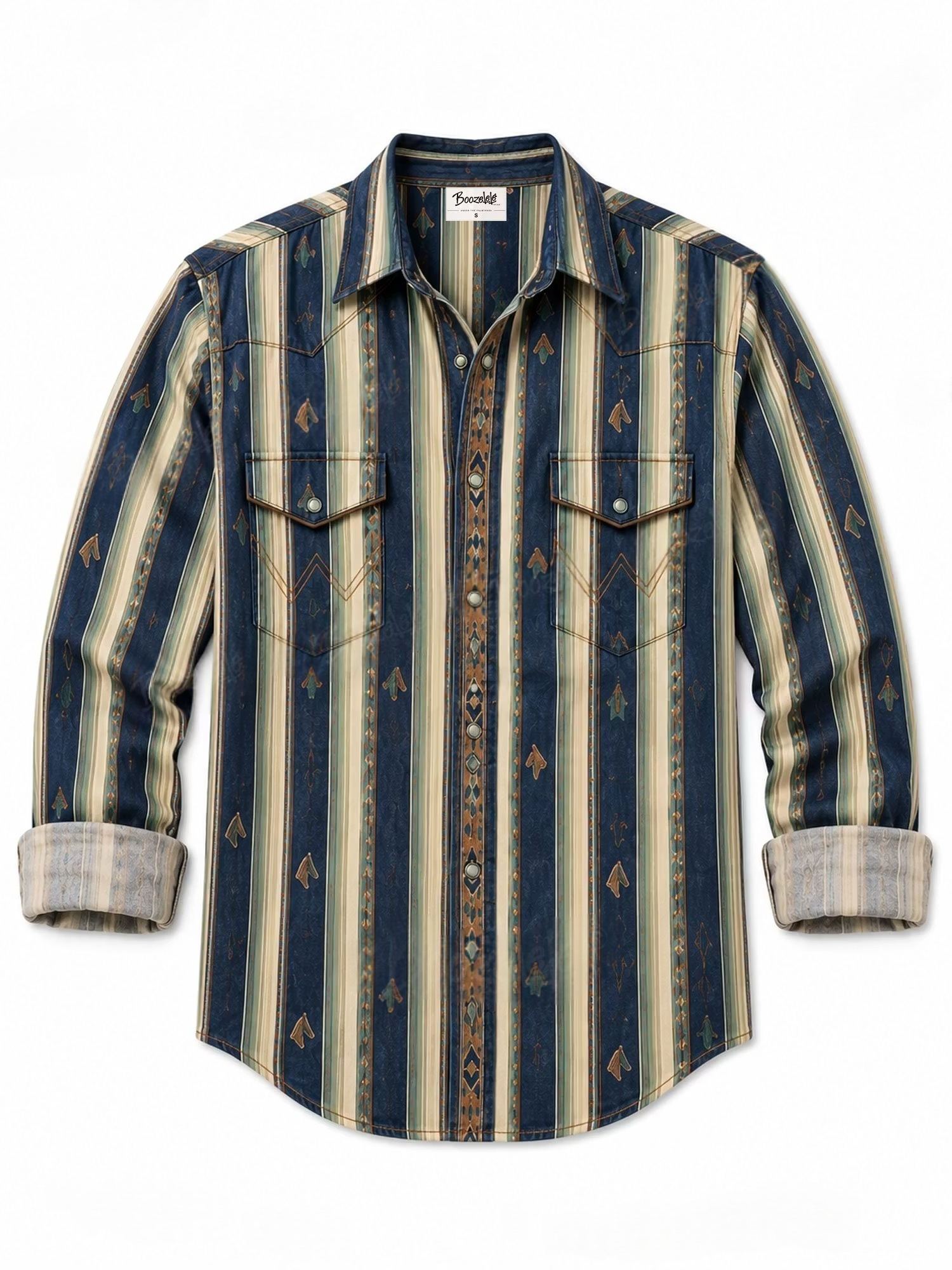 Indigo Denim Aztec Geometric Totem Vertical Stripe Pearl Snap Long-Sleeve Shirt