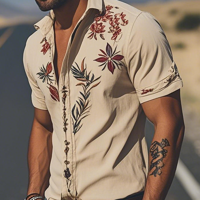 Men's Spring/Summer Fashion Retro Western Style Suede Embroidered Short Sleeve Shirt MTA1533D2K