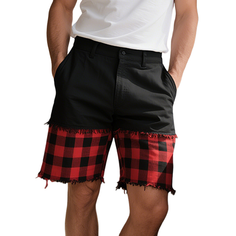 Men's Spring And Summer Casual American Western Style Cotton Blended Stitching Plaid Raw Edge Shorts MTA1739F7K