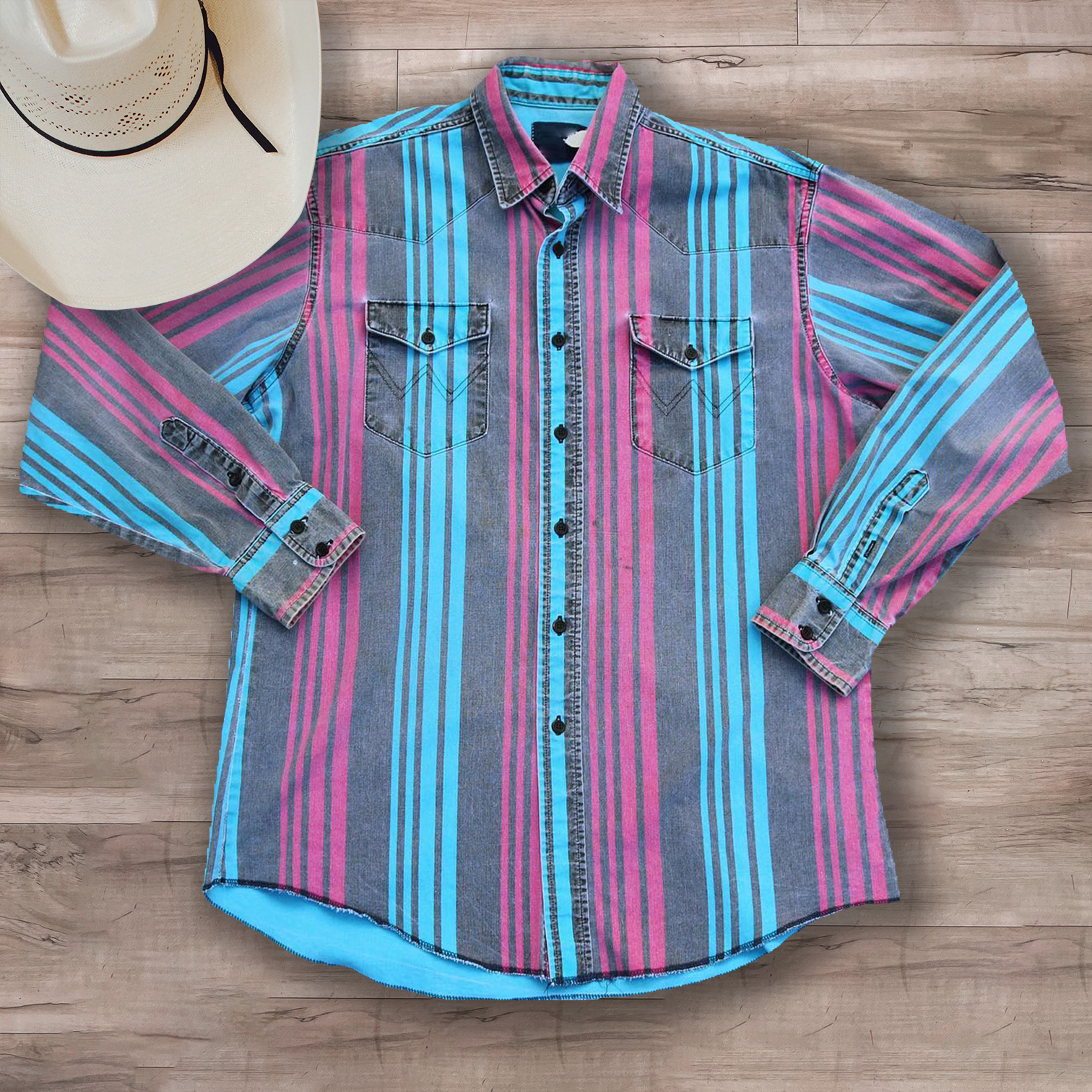 Men's Lapel Casual Western Blue Pink Striped Shirt