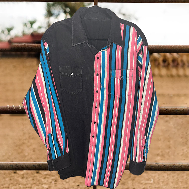 Men's casual retro striped print long sleeve lapel shirt