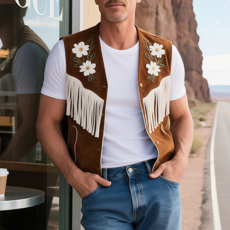 Men's Spring And Summer American Retro Western Style Thin Suede Embroidered Tassel Vest MTA1782F4K