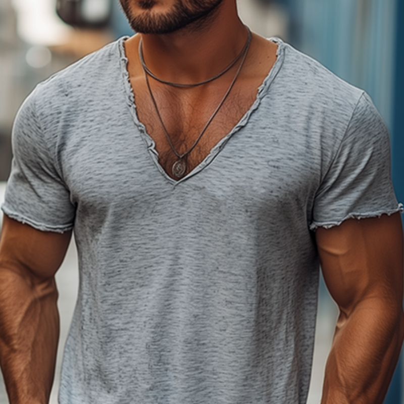 Men's Summer Casual Heathered Cotton Blended V-Neck Raw Edge Short Sleeve T-Shirt MTA0229G9K