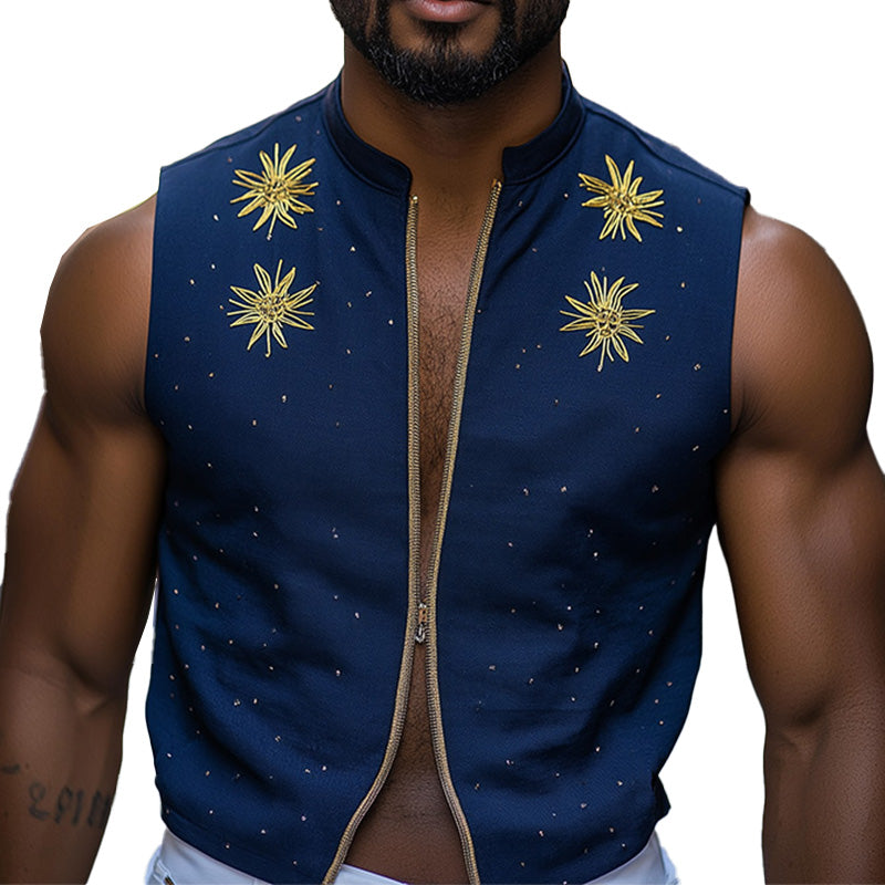 Men's Summer Fashion Star Embroidery Cotton And Linen Sleeveless Shirt MTA2954E9P