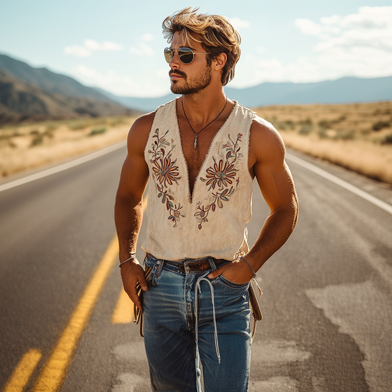 Men's Spring and Summer Classic Western Cowboy Style Thin Suede Embroidered Deep V-neck Tank Top 00494118K