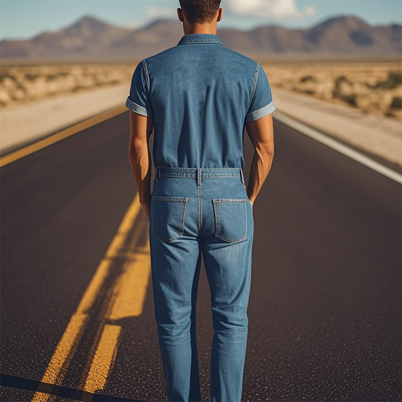 Men's Summer Fashion Casual Classic Western Style Tencel Denim Embroidered Jumpsuit MTA1244D2K