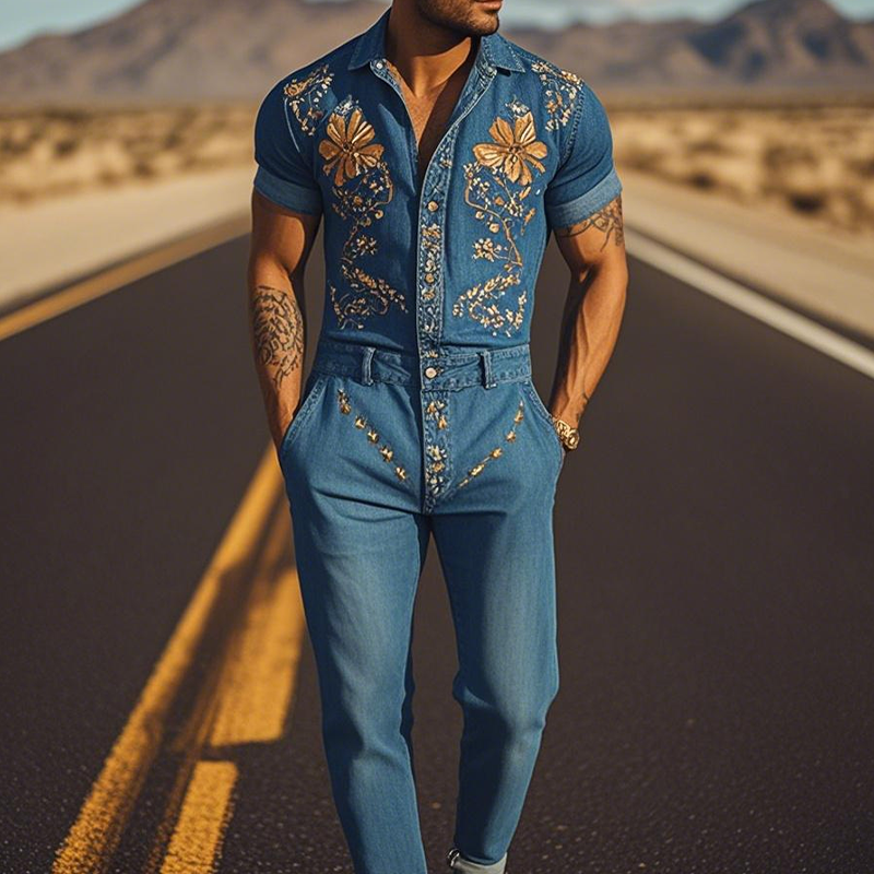 Men's Summer Fashion Casual Classic Western Style Tencel Denim Embroidered Jumpsuit MTA1244D2K