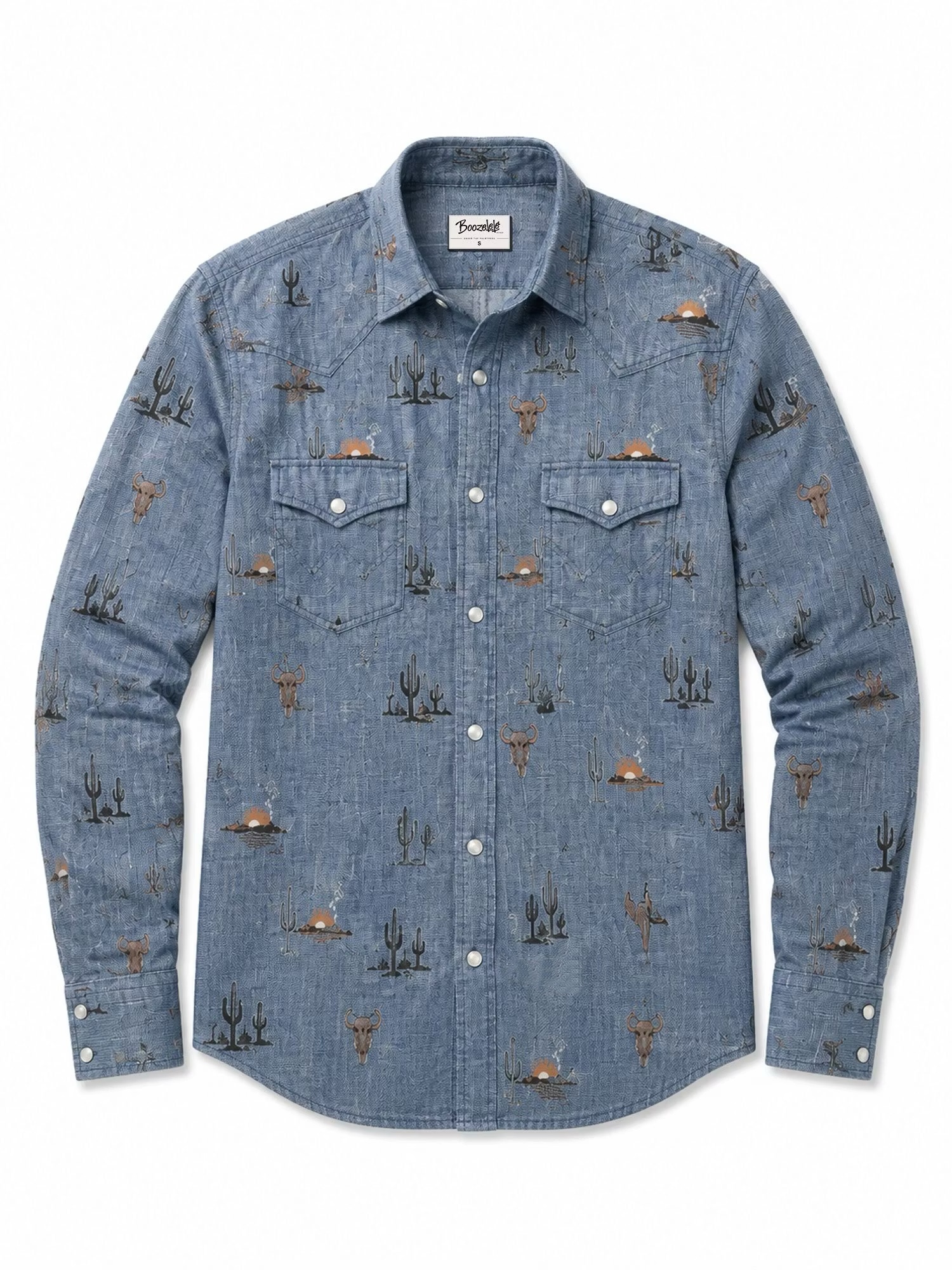 Washed Chambray Blue Saguaro Cactus & Cow Skull Printed Pearl Snap Long-Sleeve Shirt