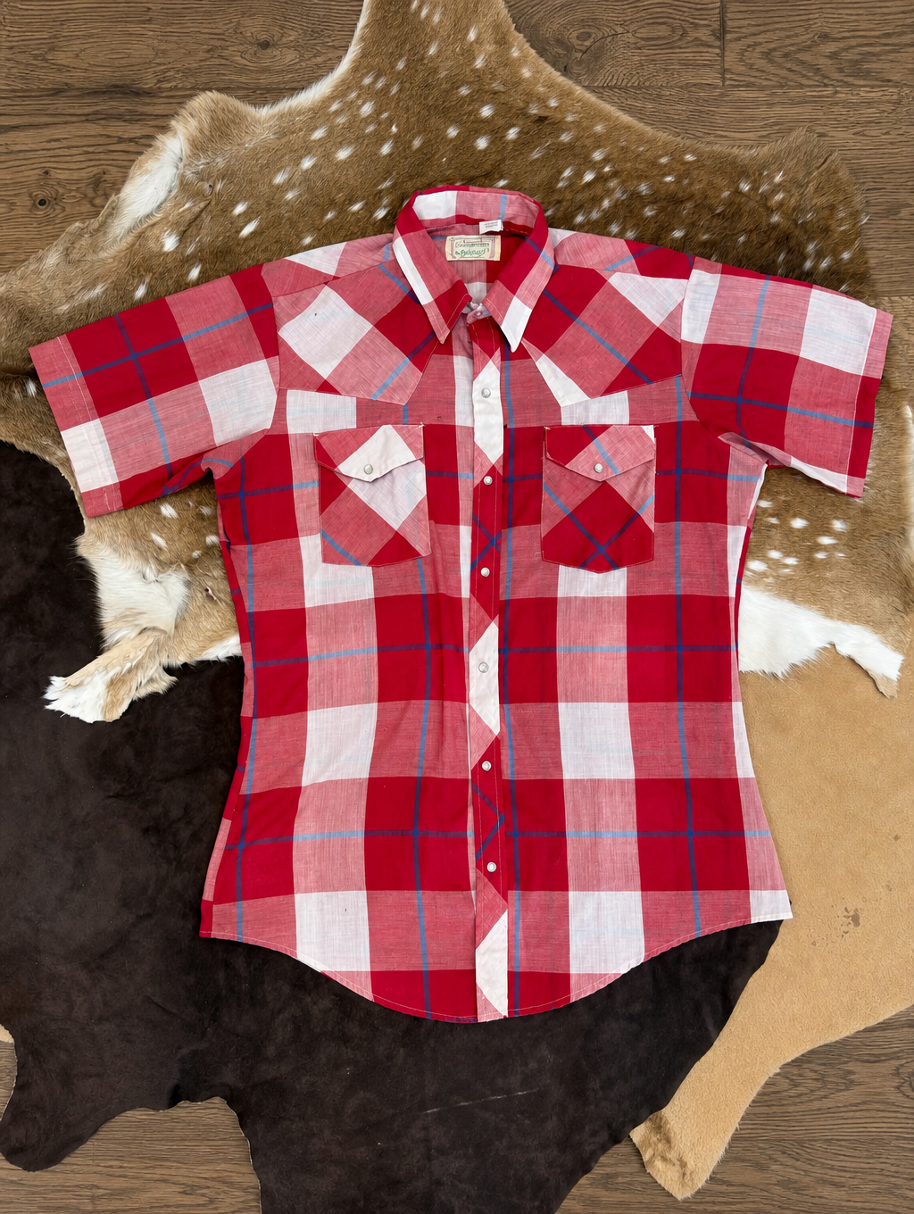 Men’s Red White Plaid Western Short Sleeve Shirt
