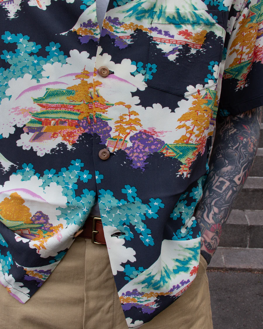 Vintage Japanese Landscape Print Camp Collar Shirt
