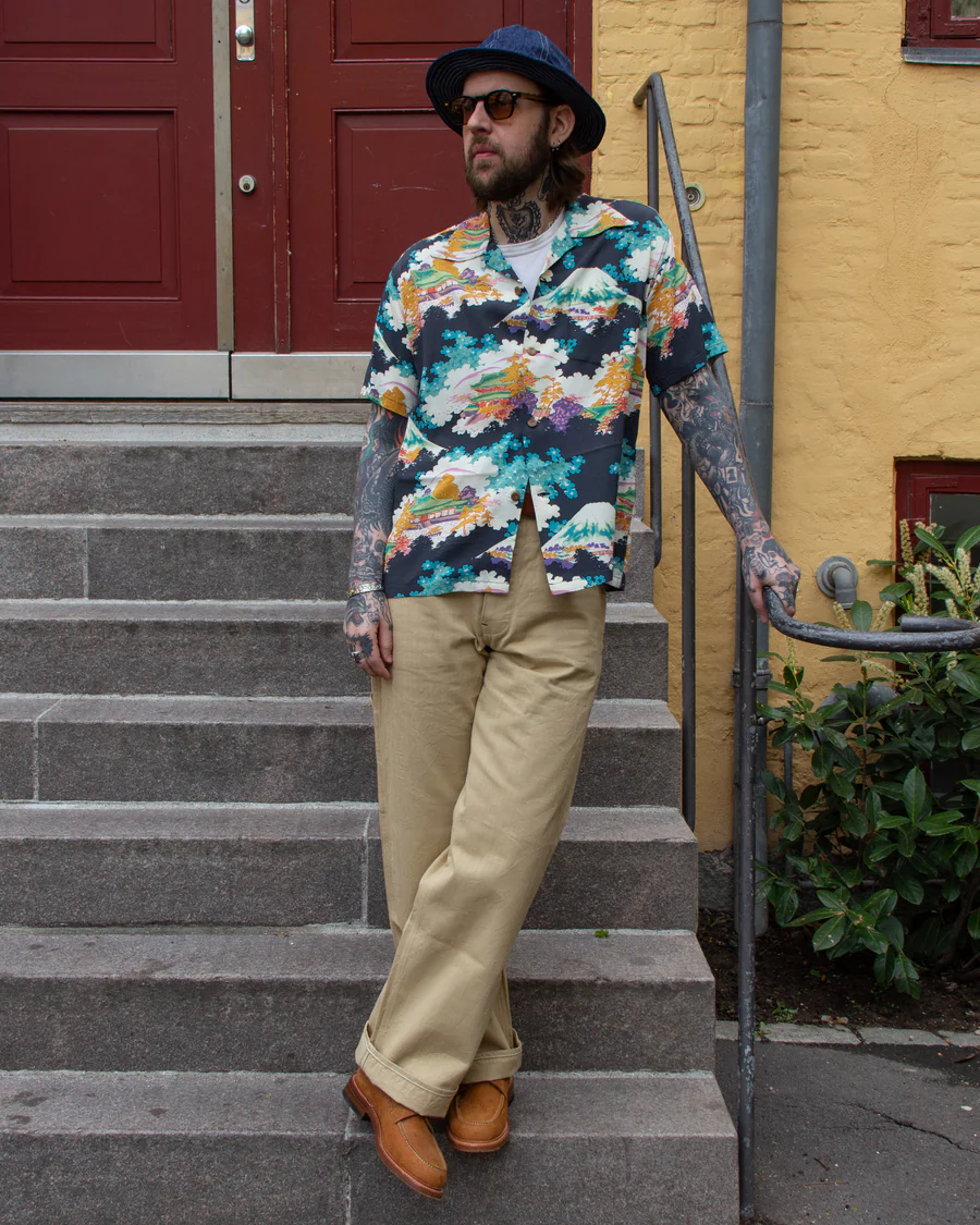 Vintage Japanese Landscape Print Camp Collar Shirt