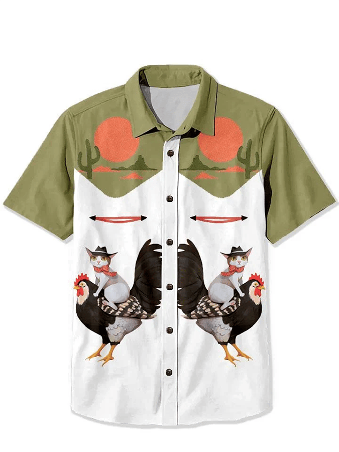 Men's Retro Western Contrast Print Short Sleeve Casual Shirt