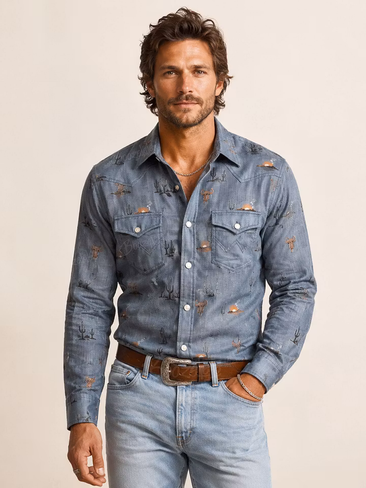 Washed Chambray Blue Saguaro Cactus & Cow Skull Printed Pearl Snap Long-Sleeve Shirt