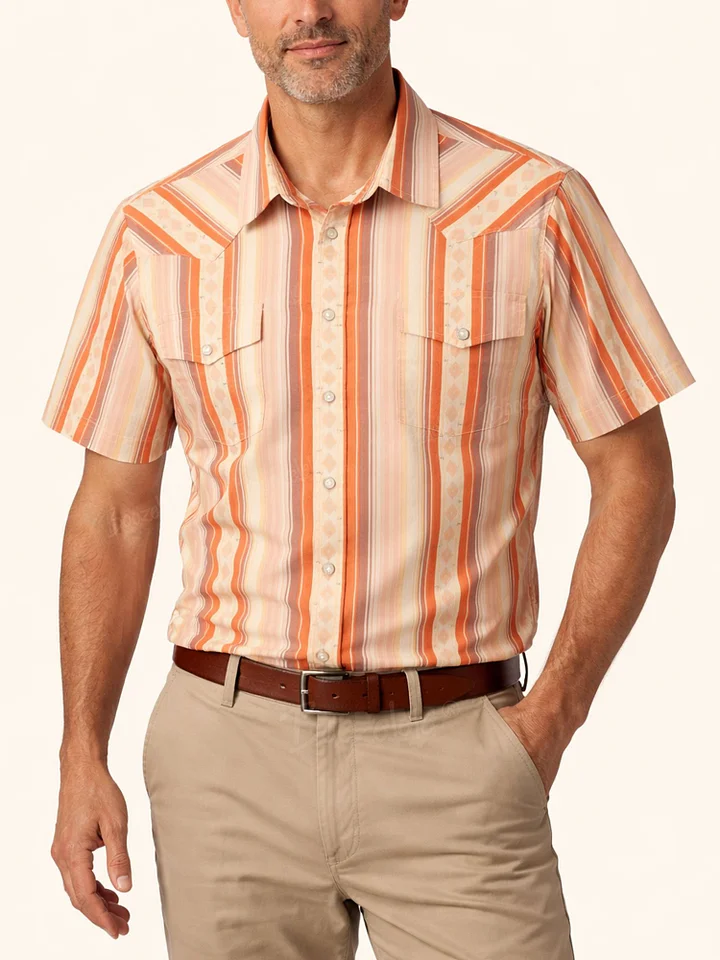 Men's Vintage Western Striped Short Sleeve Shirt Orange Retro Cowboy Button Down Shirt with Pockets