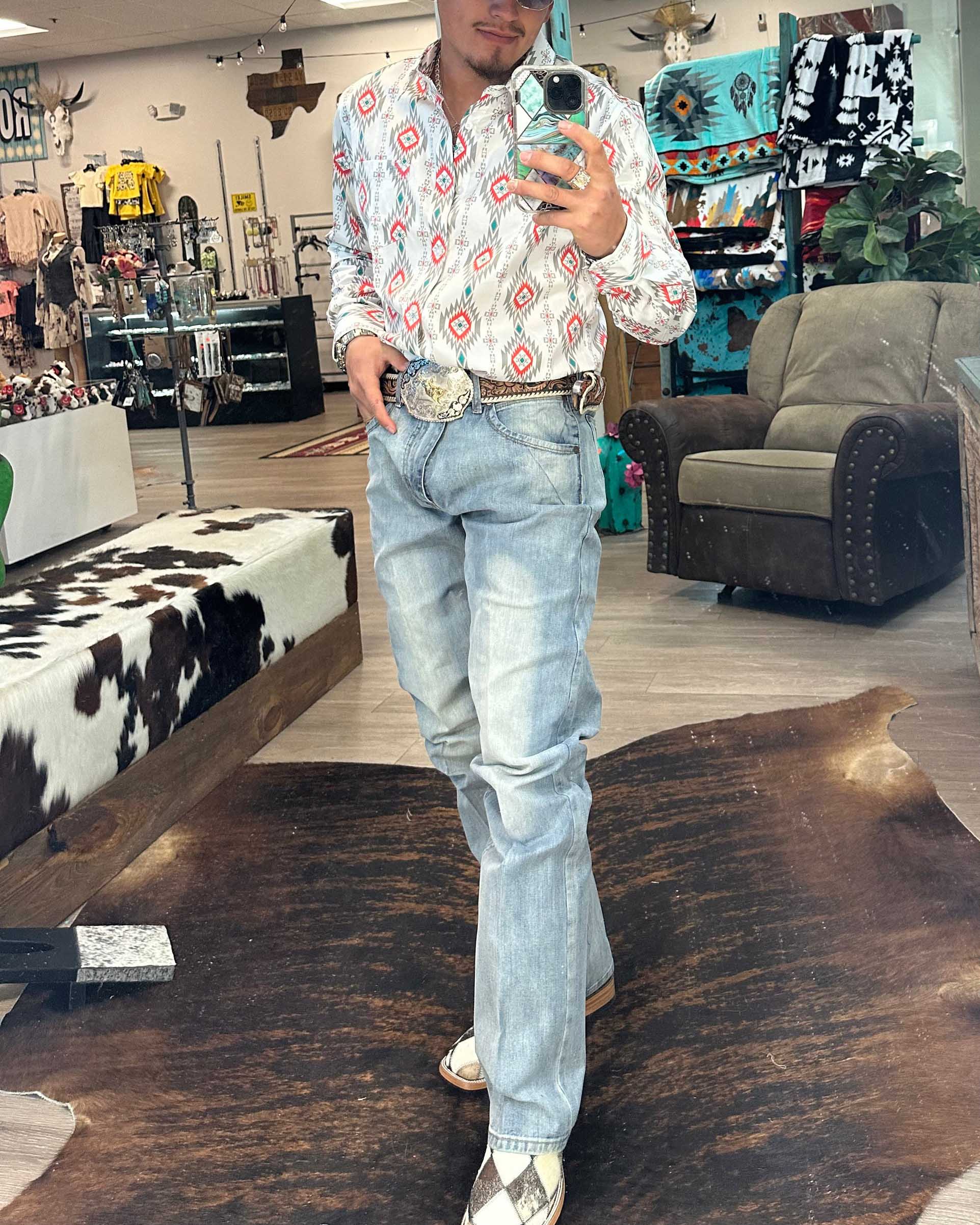 Men's Casual Retro Western Cowboy Stripe Long Sleeve Shirt