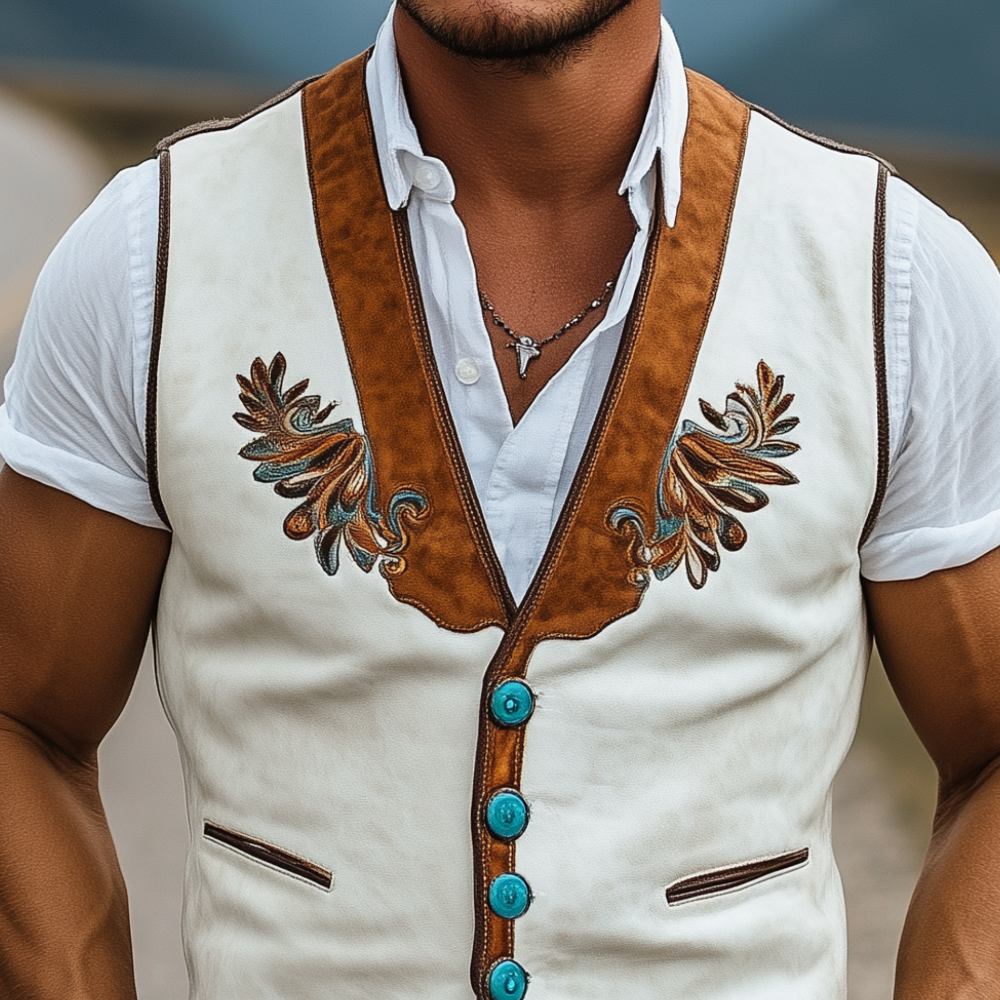 Men's Classic Casual Western Cowboy Style Embroidered Thin Suede Patchwork Slim Fit Vest MTA2206G6K
