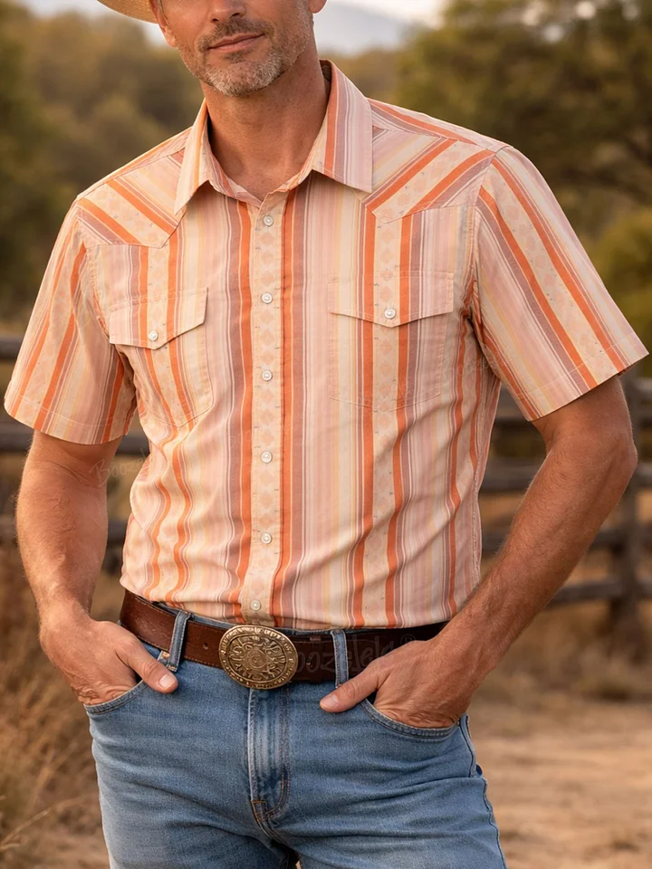 Men's Vintage Western Striped Short Sleeve Shirt Orange Retro Cowboy Button Down Shirt with Pockets