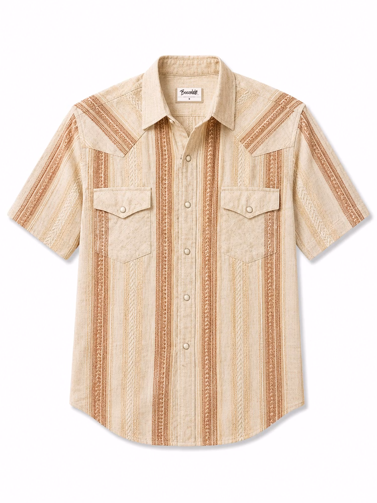 Oatmeal Cream & Terracotta Multi-Color Textured Vertical Stripe Short-Sleeve Shirt