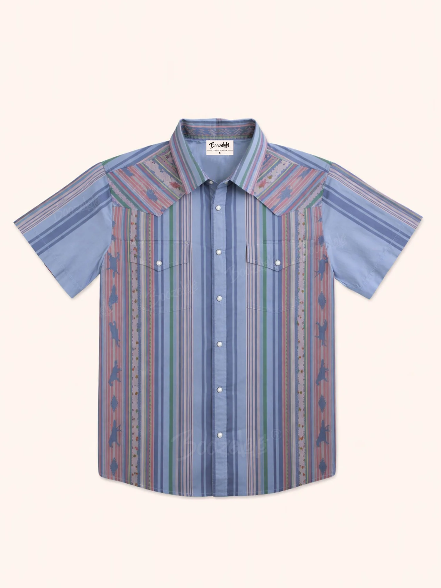 Men's Vintage Western Blue Striped Short Sleeve Shirt