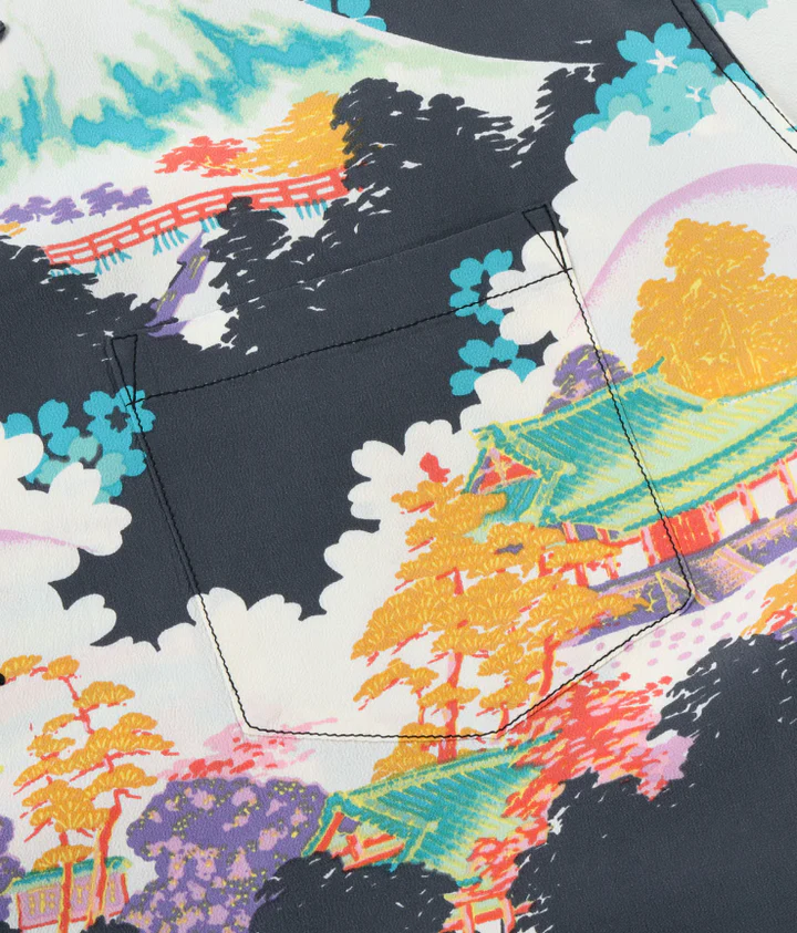 Vintage Japanese Landscape Print Camp Collar Shirt