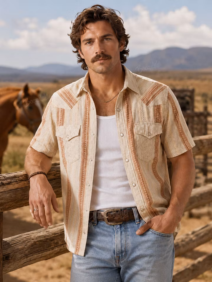 Oatmeal Cream & Terracotta Multi-Color Textured Vertical Stripe Short-Sleeve Shirt