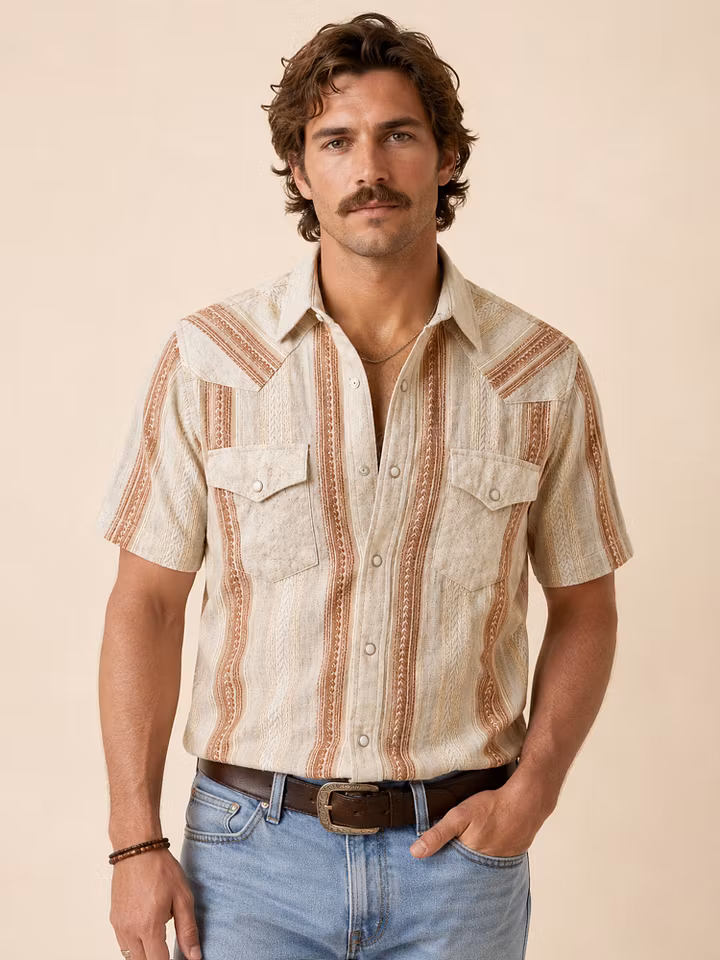 Oatmeal Cream & Terracotta Multi-Color Textured Vertical Stripe Short-Sleeve Shirt