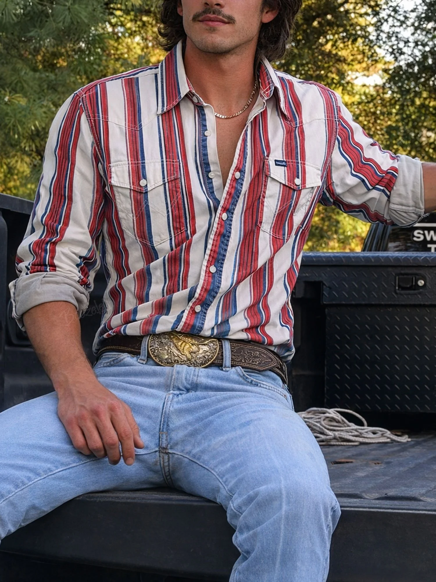 Men'S Western-Style Casual Red And White Striped Shirt