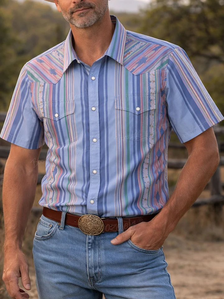 Men's Vintage Western Blue Striped Short Sleeve Shirt