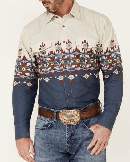 Men's Vintage Button Western Print Long Sleeve Blue Shirt