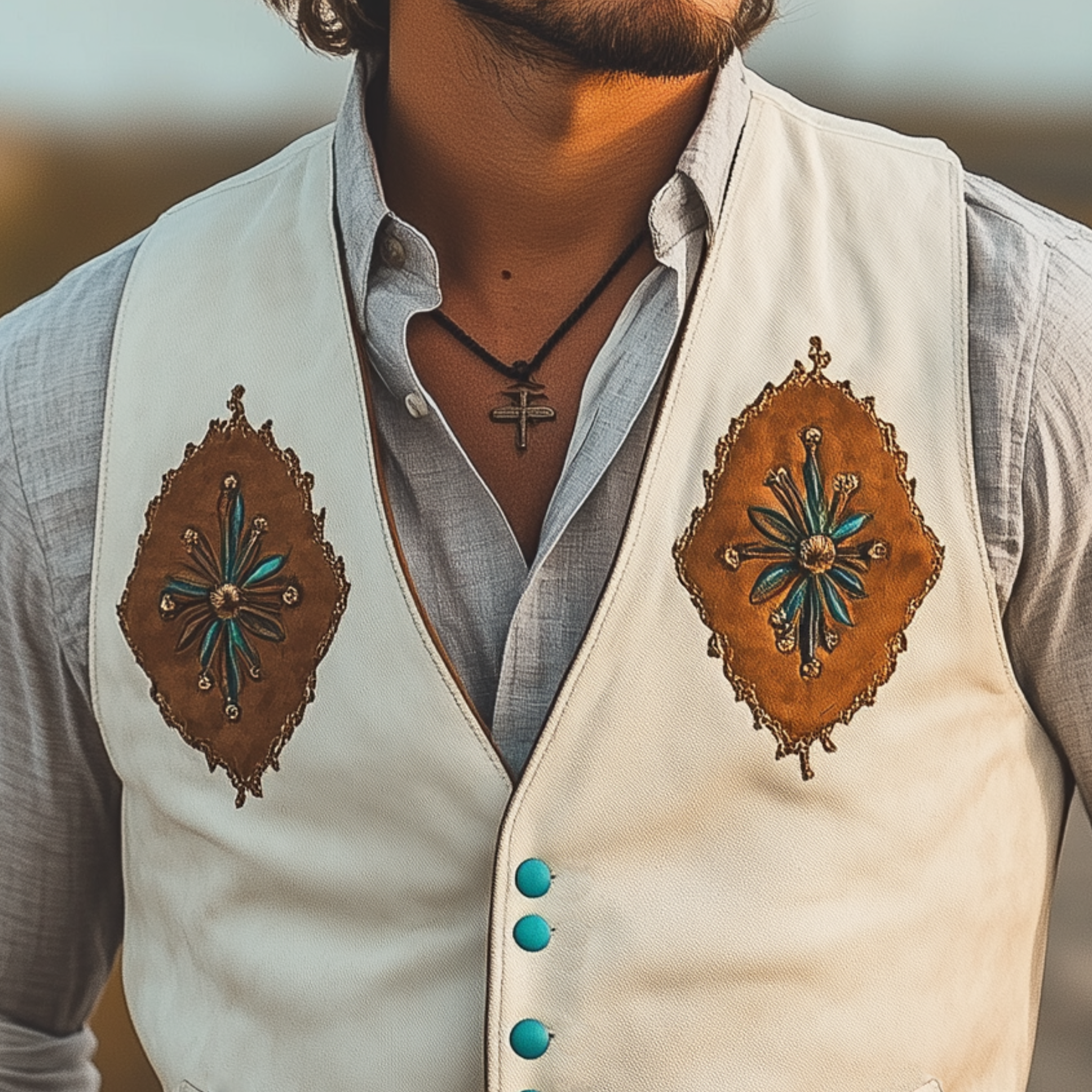 Men's Classic Casual Western Cowboy Style Embroidered Thin Suede Slim Vest MTA2288G2K