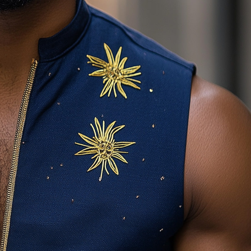 Men's Summer Fashion Star Embroidery Cotton And Linen Sleeveless Shirt MTA2954E9P