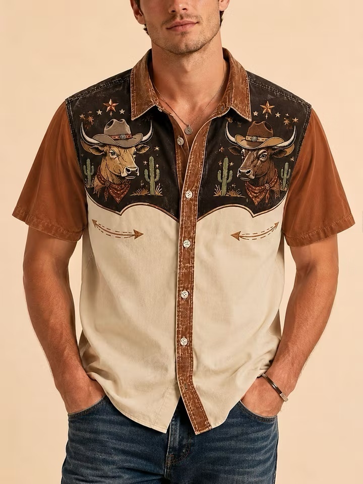 Vintage Washed Brown & Cream Western Yoke Detailed Premium Cotton Twill Shirt