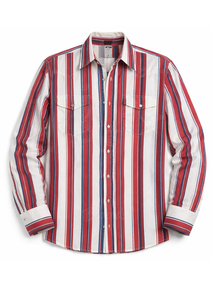 Men'S Western-Style Casual Red And White Striped Shirt