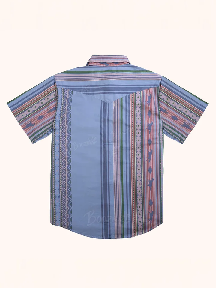 Men's Vintage Western Blue Striped Short Sleeve Shirt