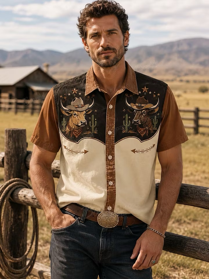 Vintage Washed Brown & Cream Western Yoke Detailed Premium Cotton Twill Shirt