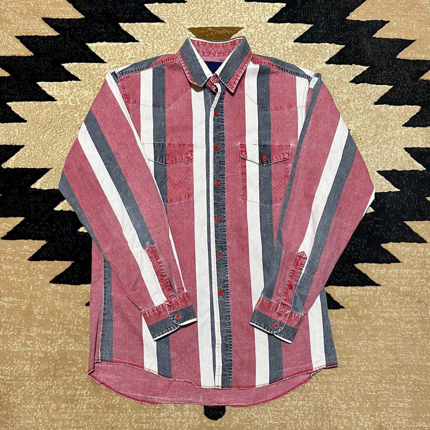 Men's Western Casual Black Red Stripe Long Sleeve Shirt