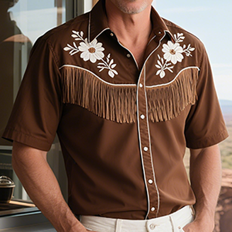 Men's Summer New Casual American Western Style Cotton Blend Embroidered Tassel Slim Short-sleeved Shirt MTA1786F6K