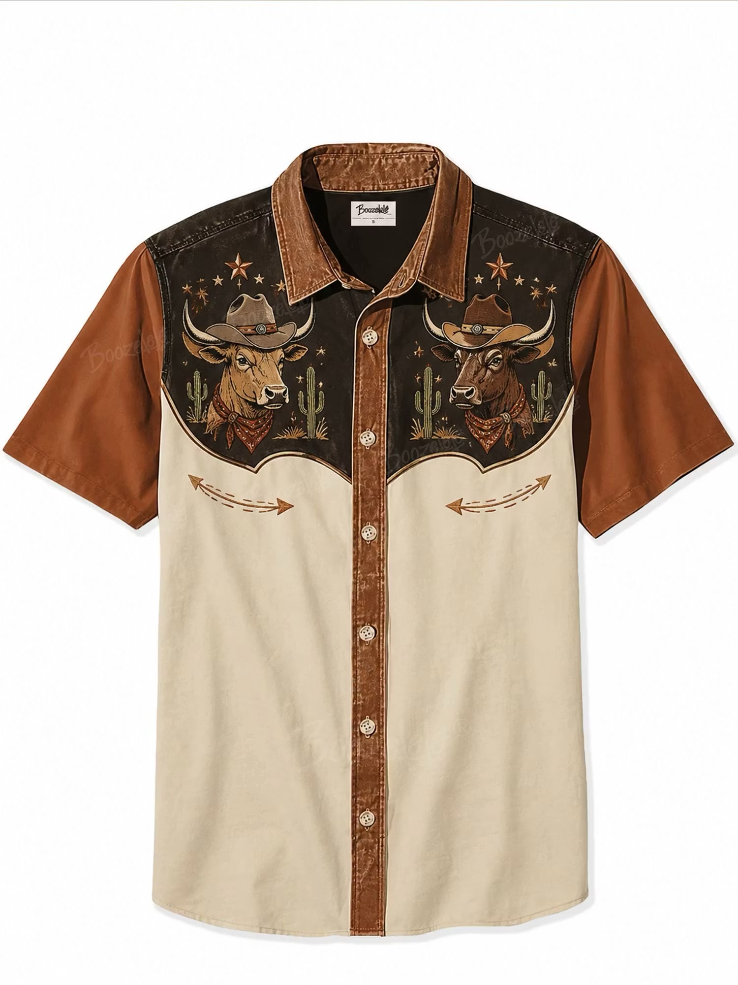 Vintage Washed Brown & Cream Western Yoke Detailed Premium Cotton Twill Shirt