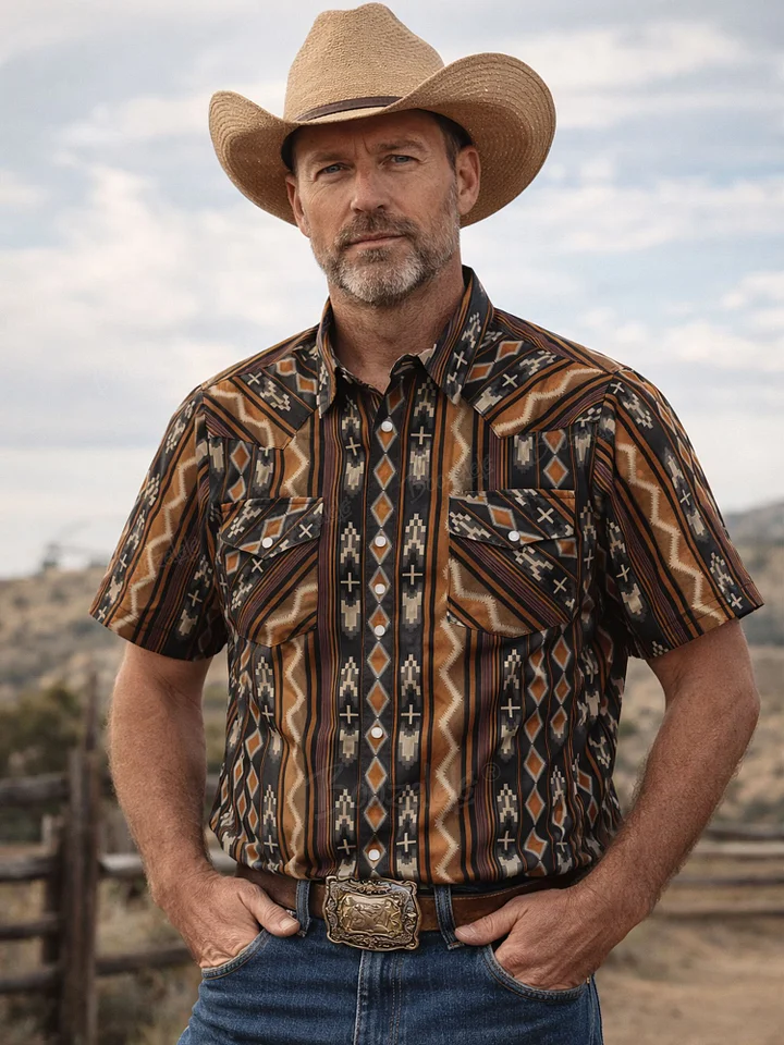 Men's Vintage Western Aztec Geometric Print Short Sleeve Shirt