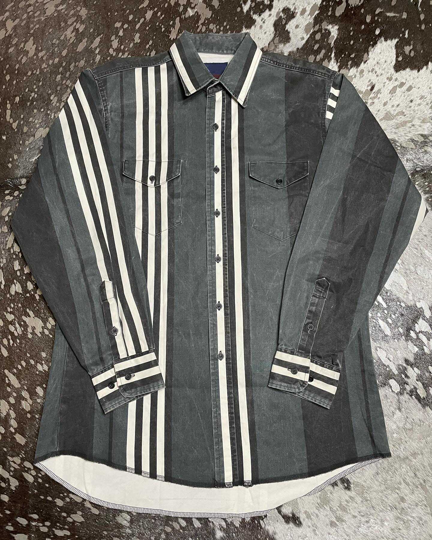 Men's Casual Vintage Grey Striped Long Sleeve Shirt