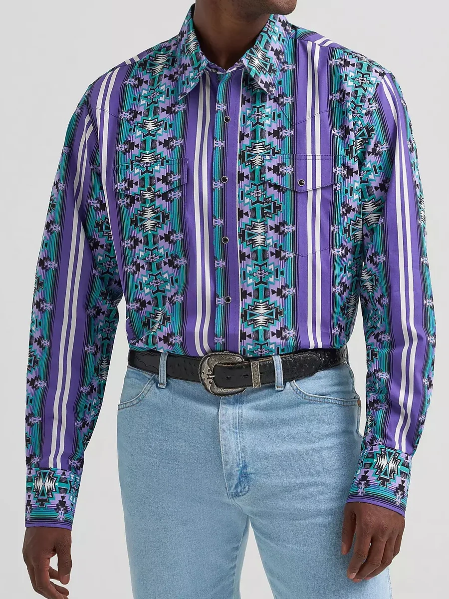 Violet Serape Print Western Pearl Snap Long Sleeve Shirt