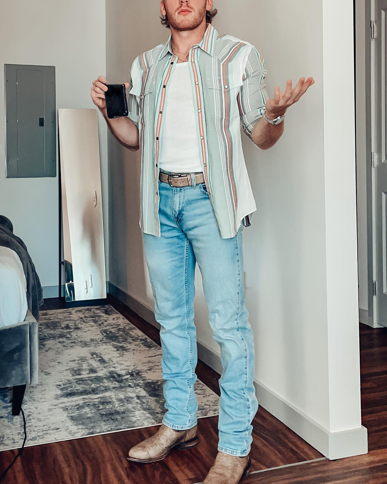 Men's Lapel Casual Western Blue Print Striped Shirt