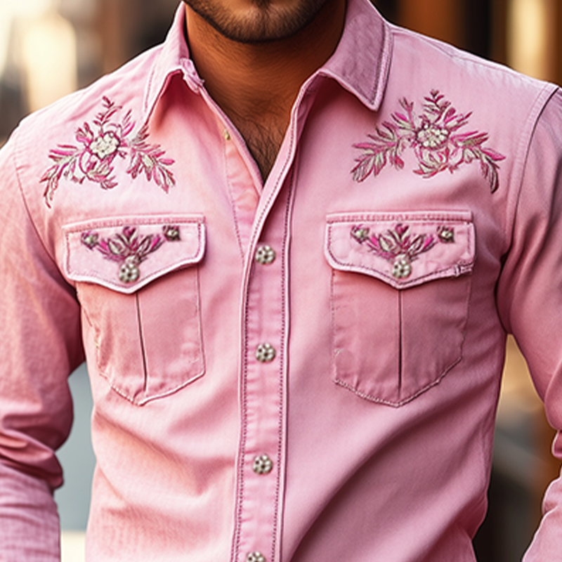 Men's American Retro Western Style Cotton Blend Embroidered Long Sleeve Shirt 96546825K