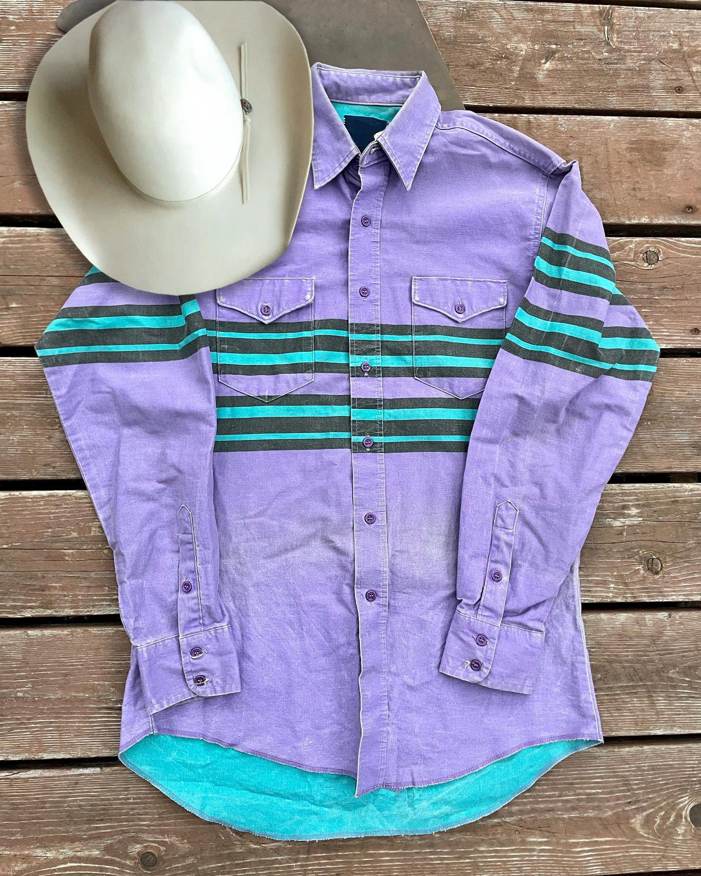 Men's Fashionable Casual Western Purple Green Striped Shirt