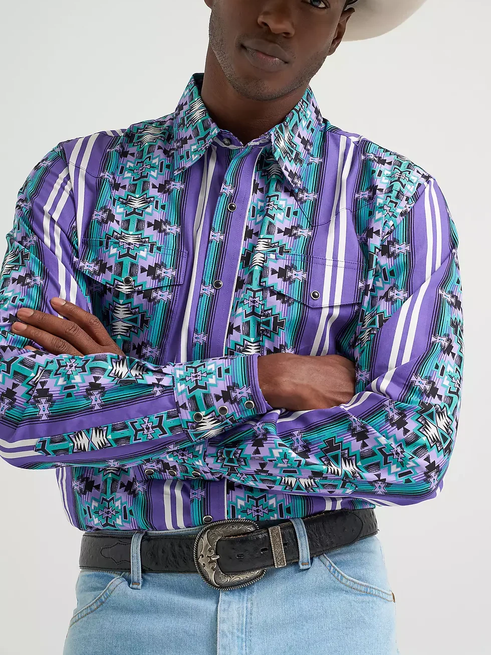 Violet Serape Print Western Pearl Snap Long Sleeve Shirt