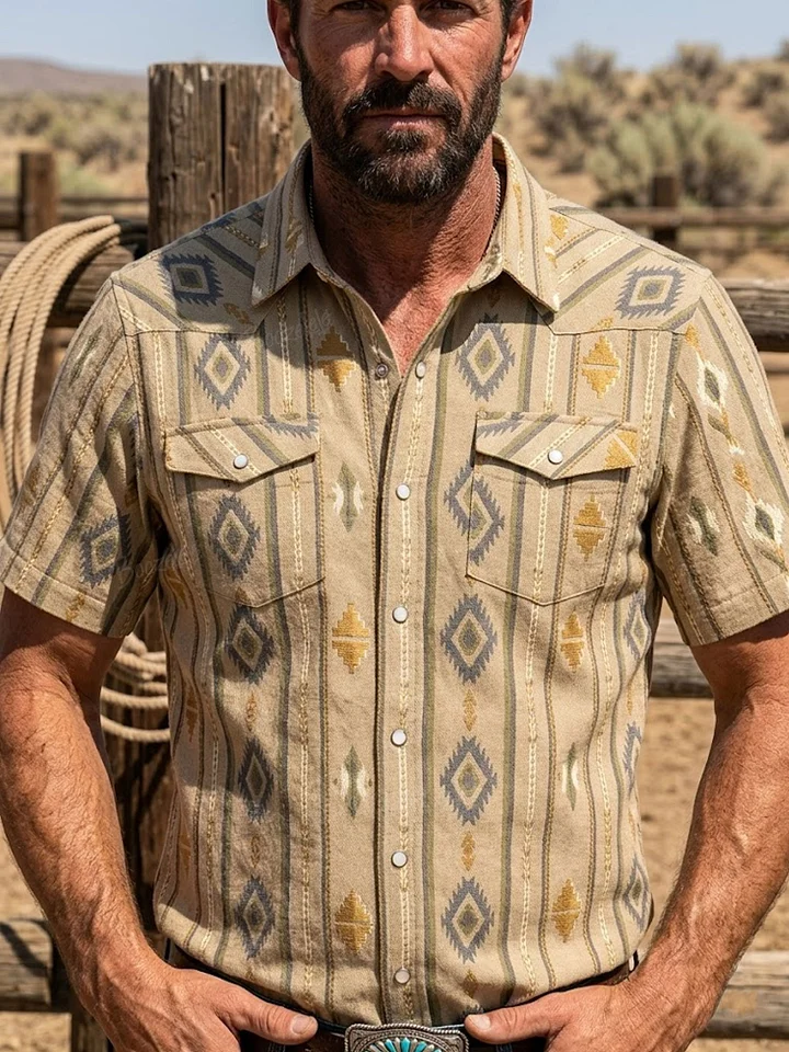 Men's Vintage Western Aztec Diamond Print Short Sleeve Shirt