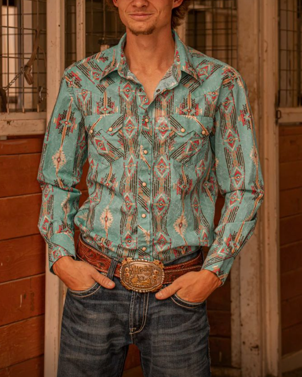 Men's Retro Western Fashion Green Printed Casual Lapel Long Sleeve Shirt