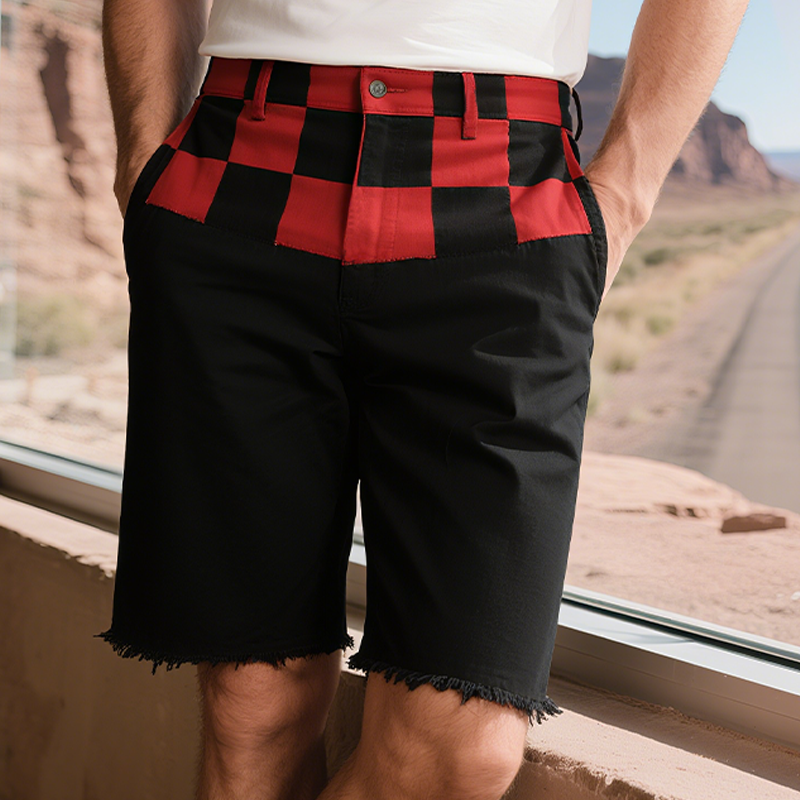 Men's Spring And Summer Casual American Western Style Cotton Blended Printed Plaid Raw Edge Shorts MTA1720F4K